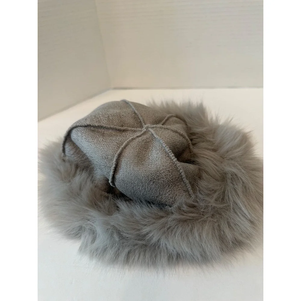 NEW Mongolian Fluffy Furry Gray Faux Fur Luxury Ear‎ Coverage Bucket Beanie Hat